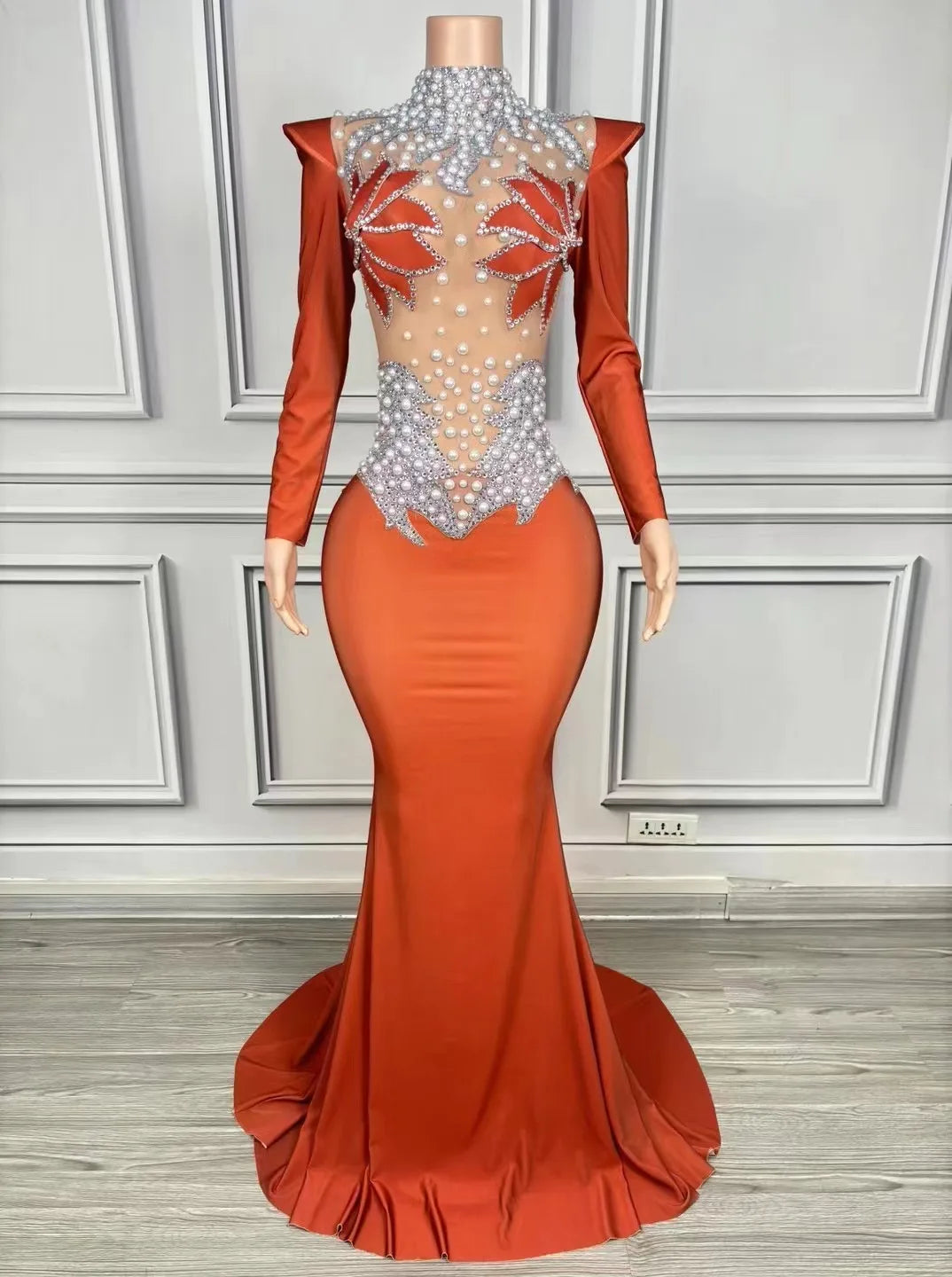 DCDI Magnolias Sparkly Rhinestones Pearls Floor Length Evening Gown