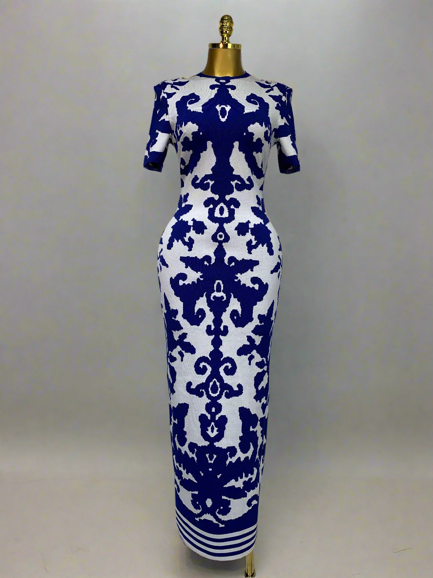 DS Designer 22-444 Blue Jacquard Evening Gown