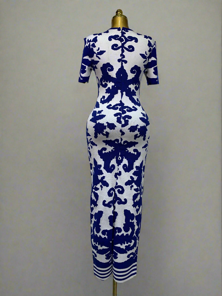 DS Designer 22-444 Blue Jacquard Evening Gown