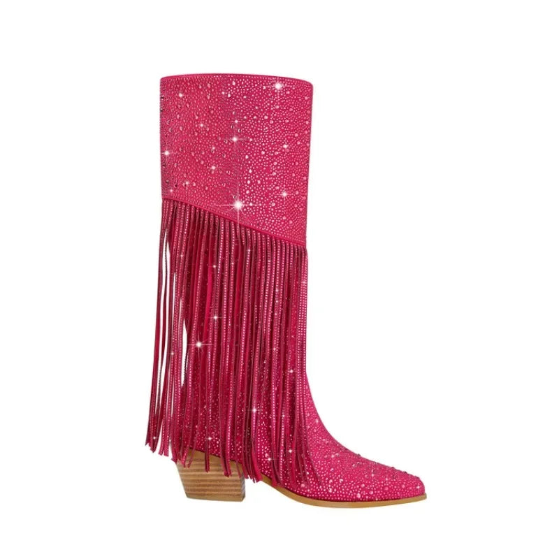 DCDI Pony Luxury Diamond Studded Knee High Fringed Boots