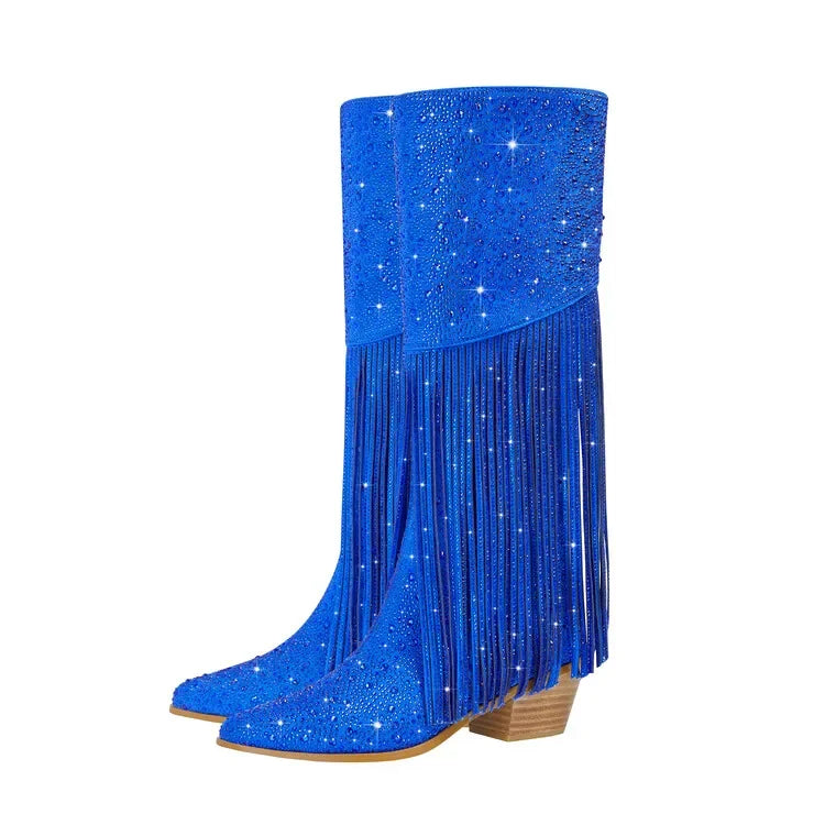 DCDI Pony Luxury Diamond Studded Knee High Fringed Boots