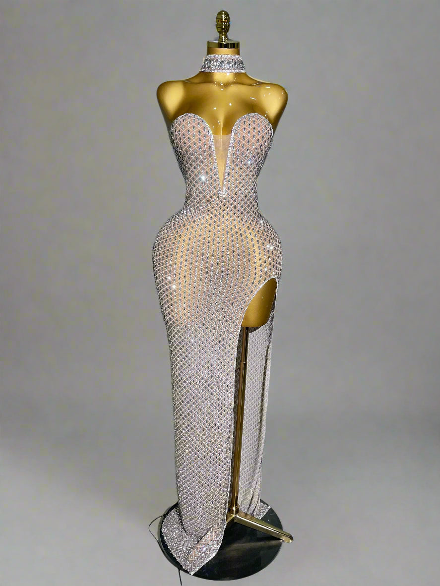 DCDI 888-2025 Luxurious Full Diamond Mesh Transparent Evening Gown