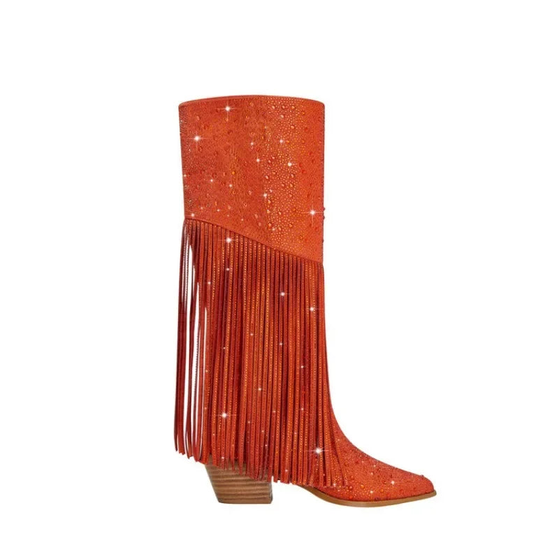 DCDI Pony Luxury Diamond Studded Knee High Fringed Boots