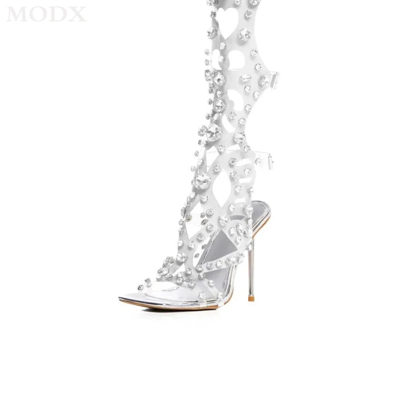 DCDI Catwalk Luxury Transparent Diamond Studded Peep Toe Knee High Stiletto Boots