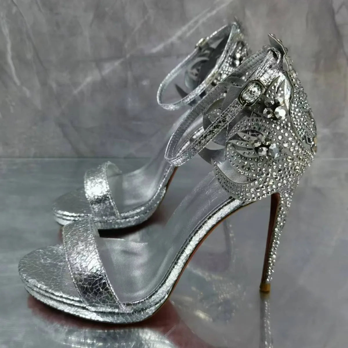 DCDI Italy 1575 -Diamond Embellished Luxury Genuine Leather Silver High Heel Sandal