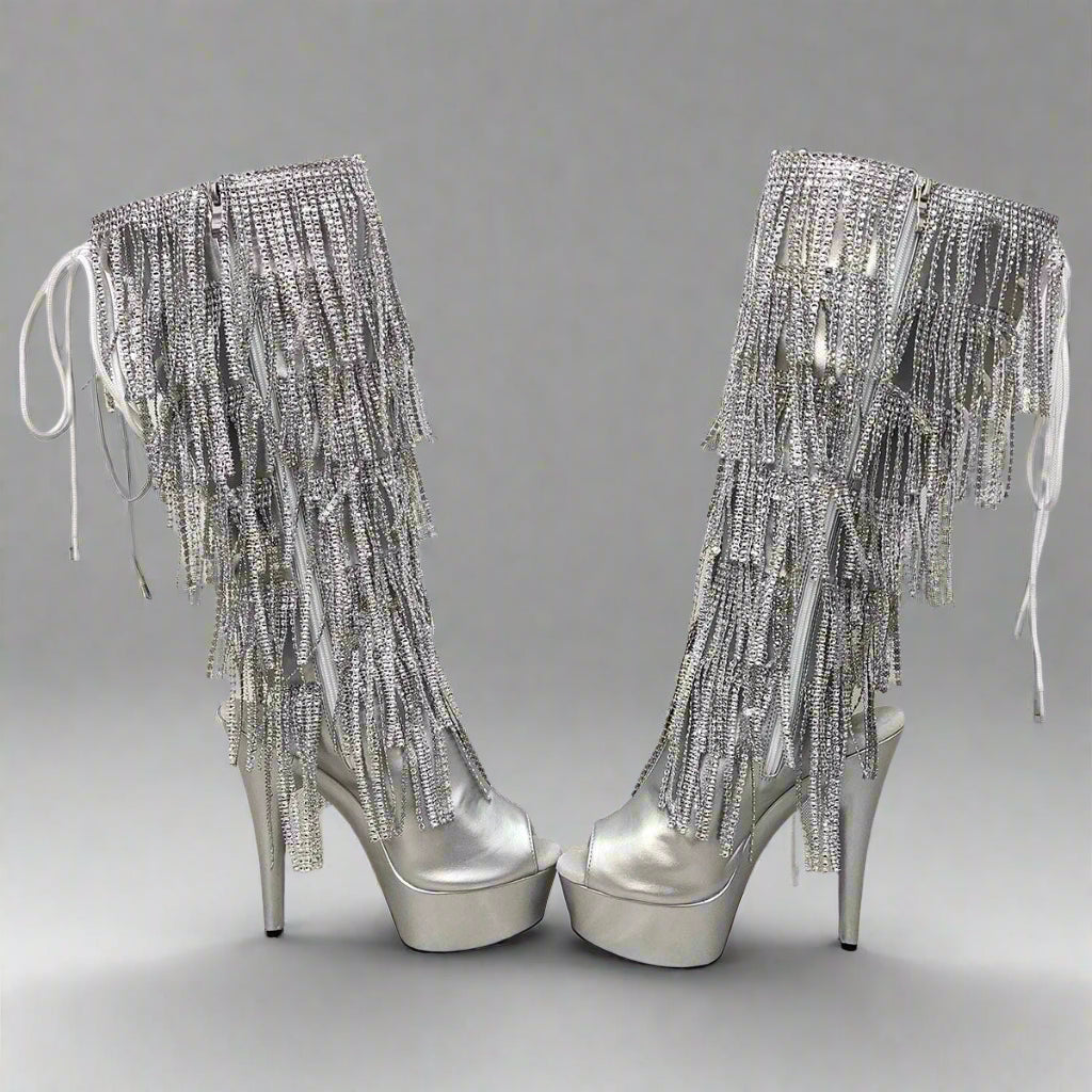 DCDI Exotic Glacier Mid-Calf Silver Diamond Fringes Peep Toe Boots