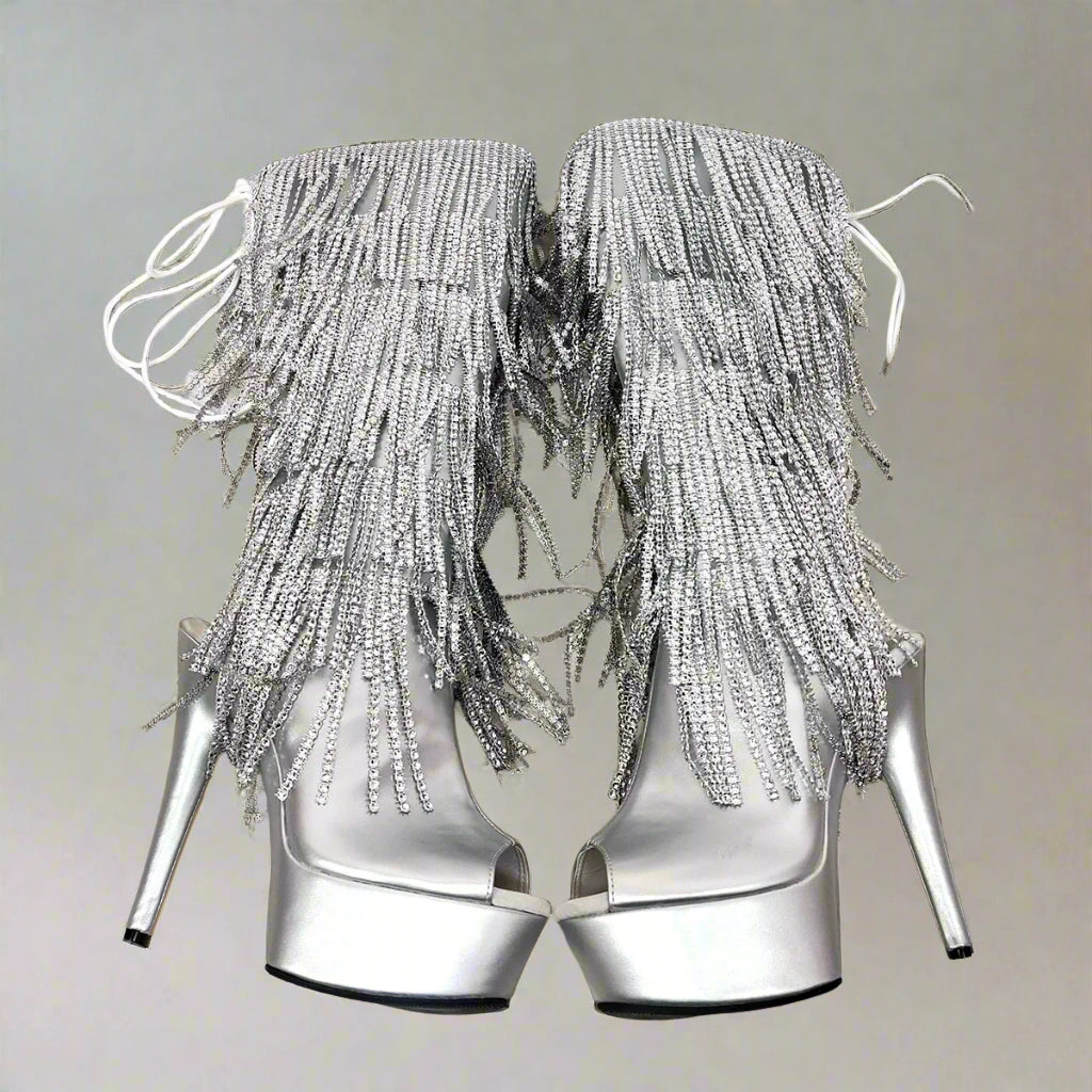 DCDI Exotic Glacier Mid-Calf Silver Diamond Fringes Peep Toe Boots