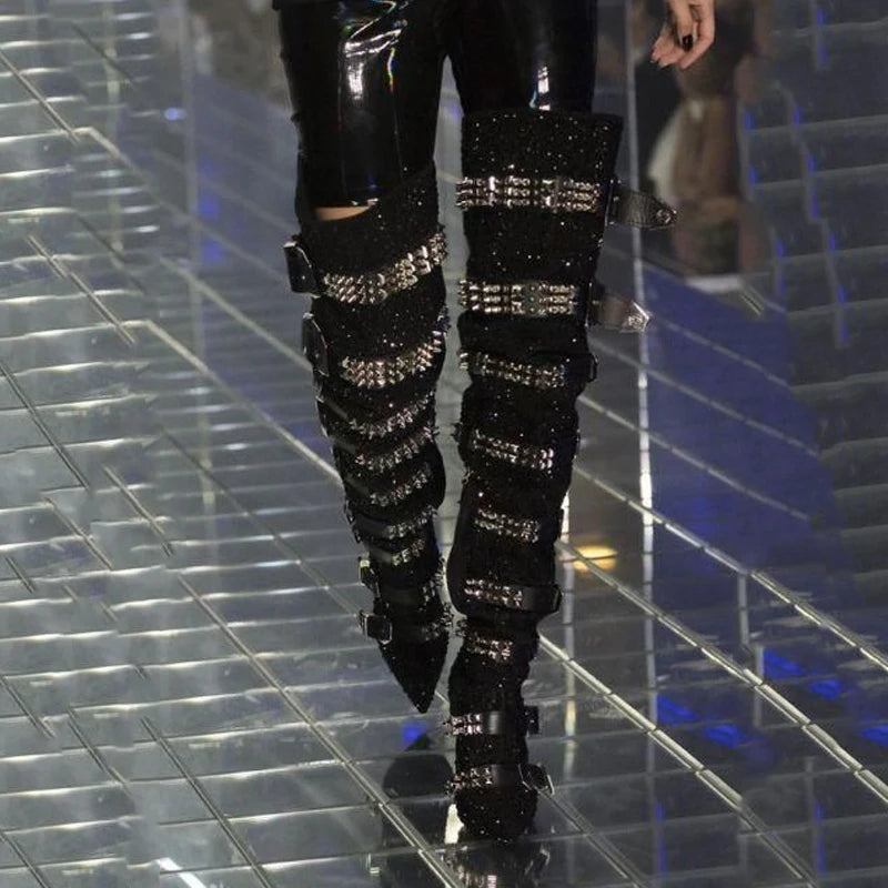 DCDI Buckled Up Spiked And Diamond Studded Thigh High Stiletto Boots
