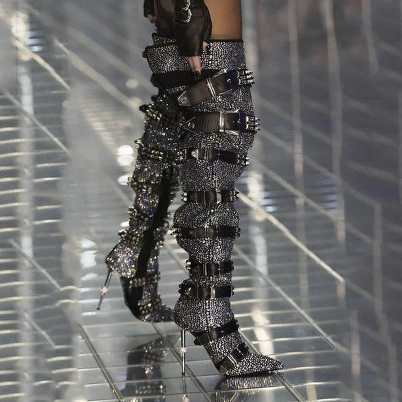 DCDI Buckled Up Spiked And Diamond Studded Thigh High Stiletto Boots