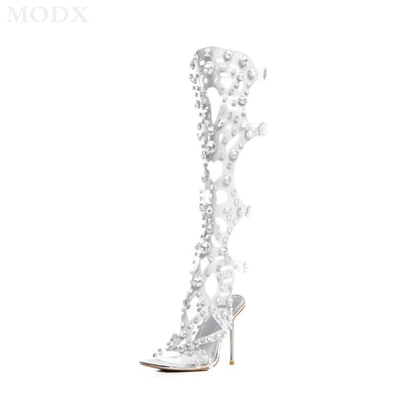 DCDI Catwalk Luxury Transparent Diamond Studded Peep Toe Knee High Stiletto Boots