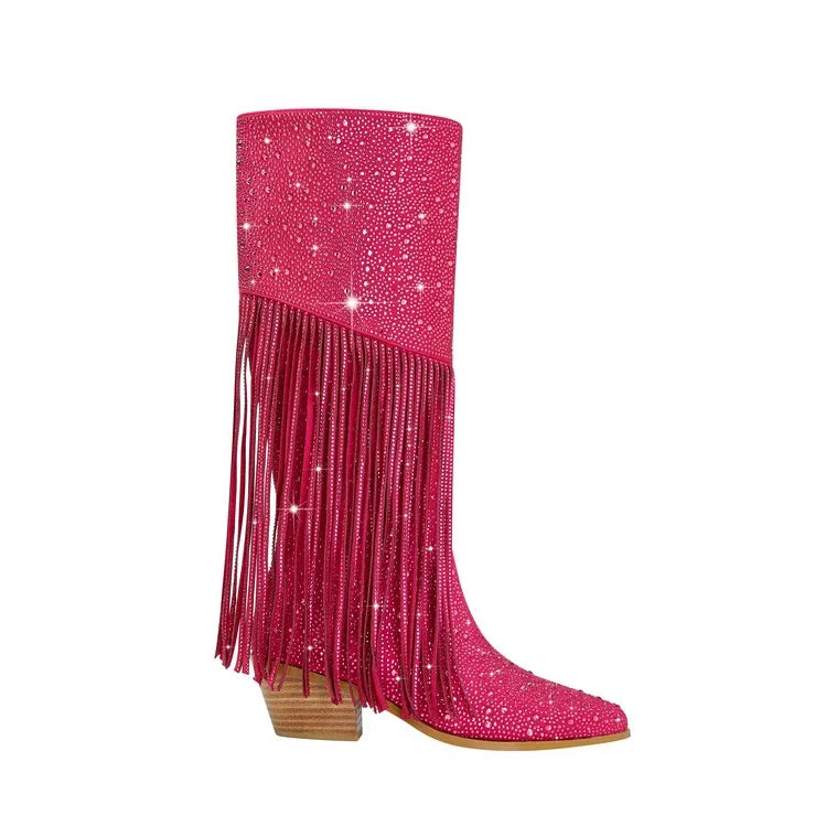 DCDI Pony Luxury Diamond Studded Knee High Fringed Boots