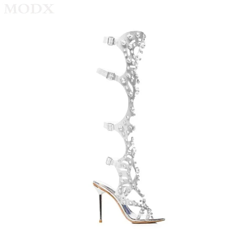 DCDI Catwalk Luxury Transparent Diamond Studded Peep Toe Knee High Stiletto Boots