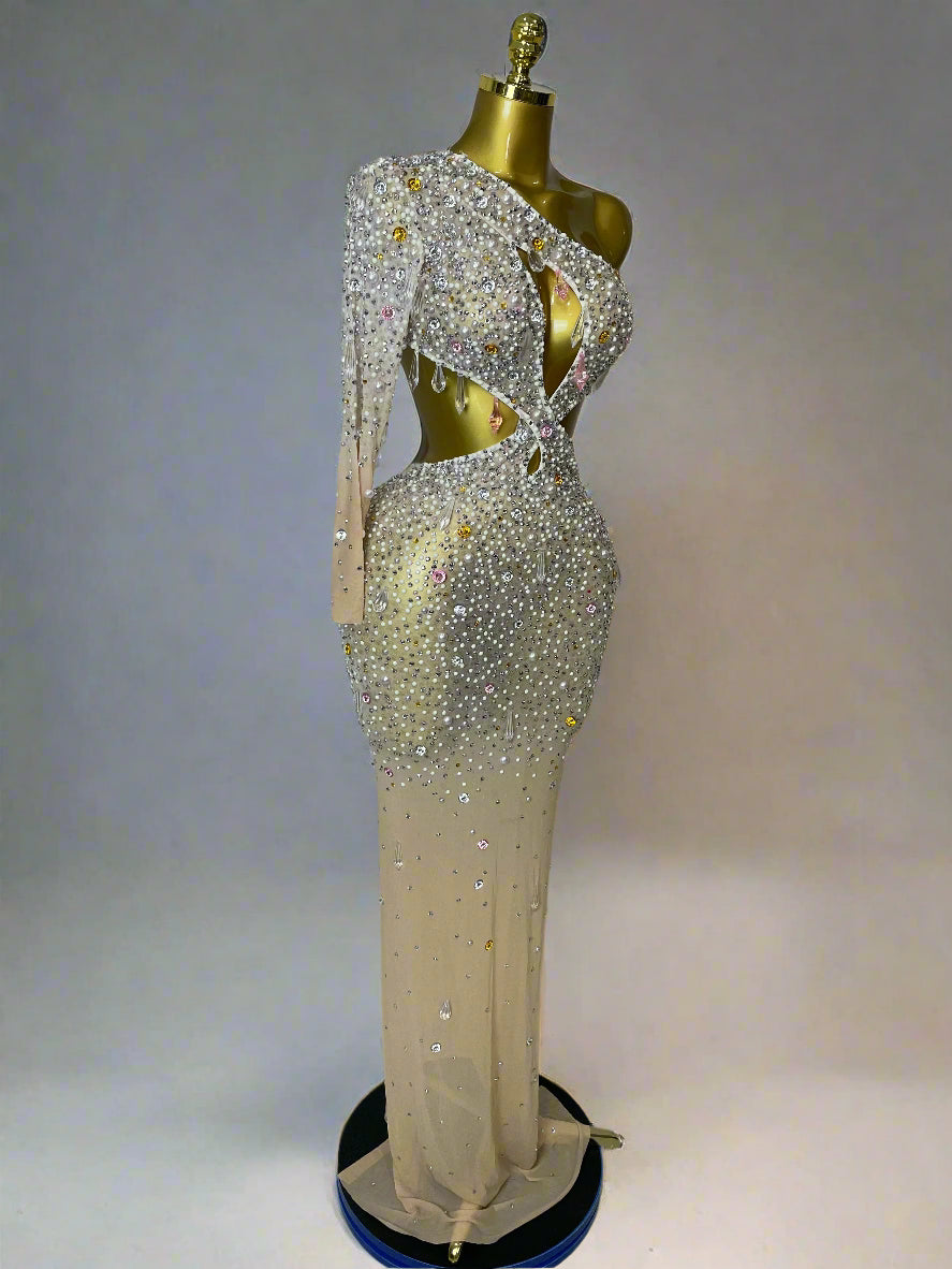 DCDI 4488-8844 Chandelier Diamond Studded Sexy One Shoulder Hollow Out Mesh Evening Gown