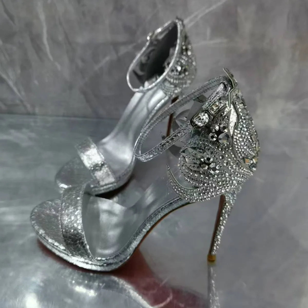 DCDI Italy 1575 -Diamond Embellished Luxury Genuine Leather Silver High Heel Sandal