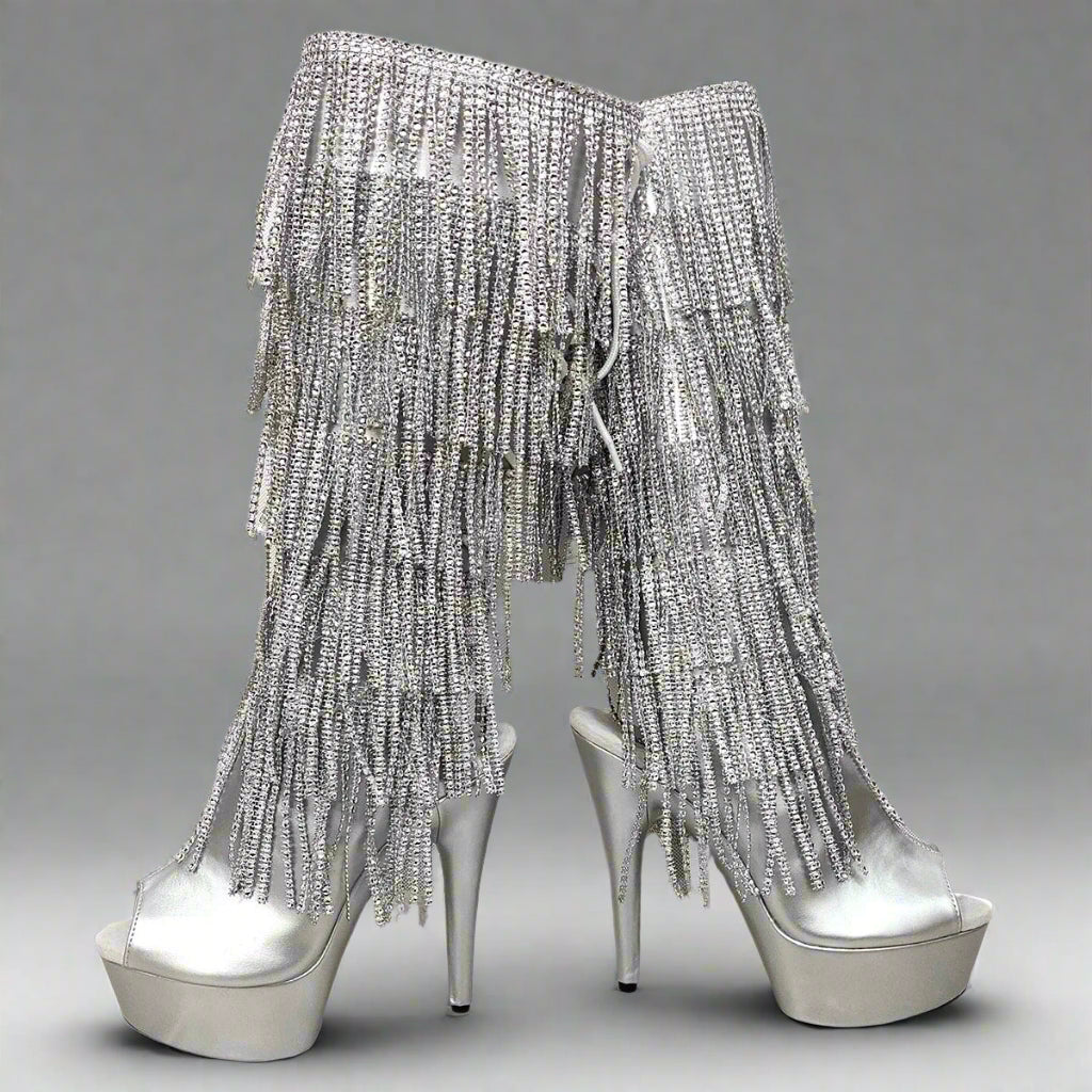 DCDI Exotic Glacier Mid-Calf Silver Diamond Fringes Peep Toe Boots