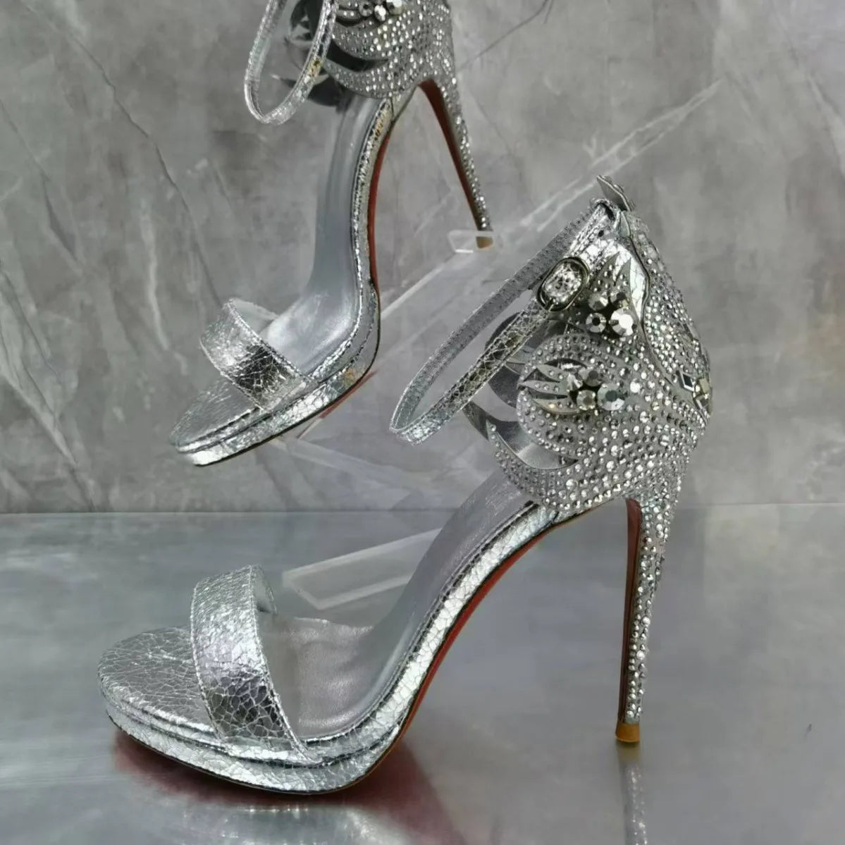 DCDI Italy 1575 -Diamond Embellished Luxury Genuine Leather Silver High Heel Sandal
