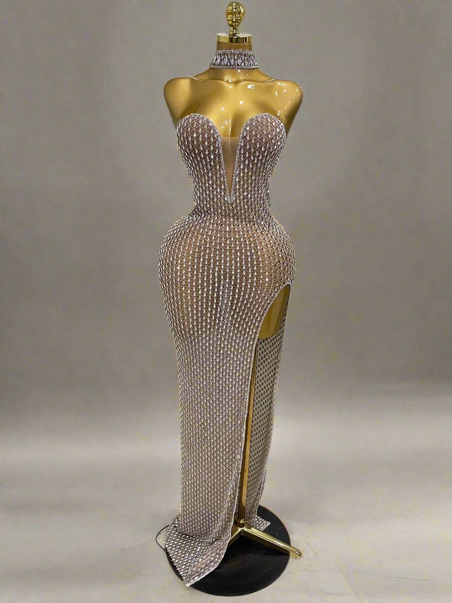DCDI 888-2025 Luxurious Full Diamond Mesh Transparent Evening Gown