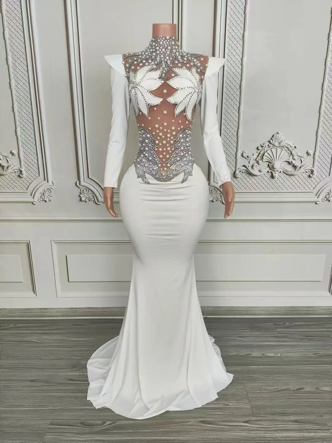 DCDI Magnolias Sparkly Rhinestones Pearls Floor Length Evening Gown
