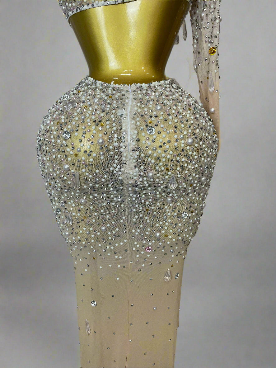 DCDI 4488-8844 Chandelier Diamond Studded Sexy One Shoulder Hollow Out Mesh Evening Gown