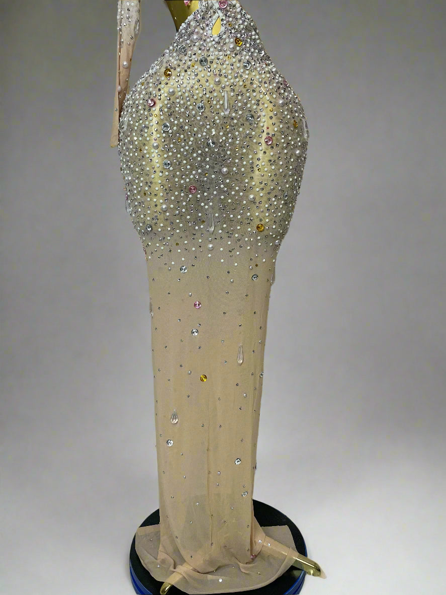 DCDI 4488-8844 Chandelier Diamond Studded Sexy One Shoulder Hollow Out Mesh Evening Gown