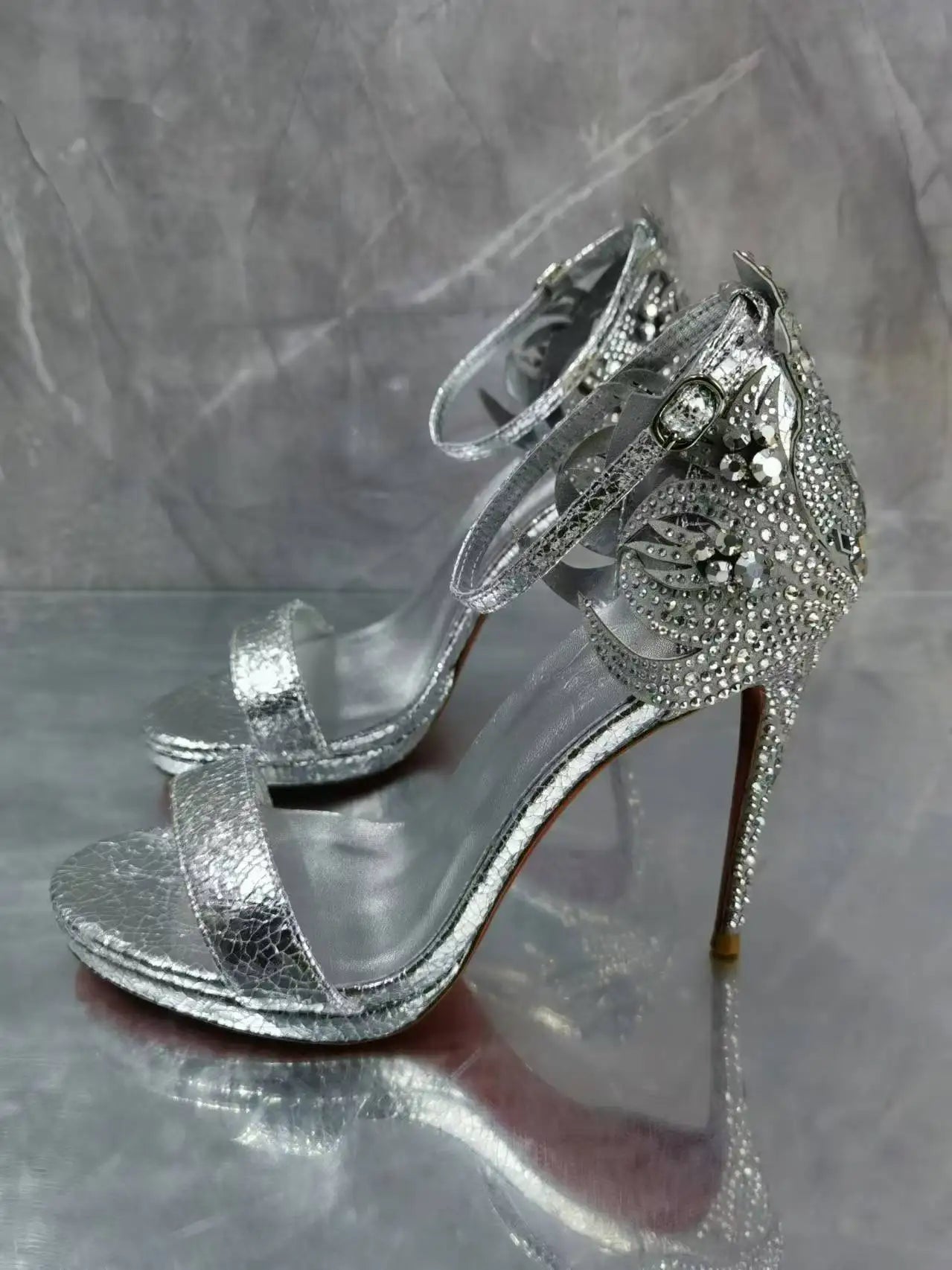 DCDI Italy 1575 -Diamond Embellished Luxury Genuine Leather Silver High Heel Sandal