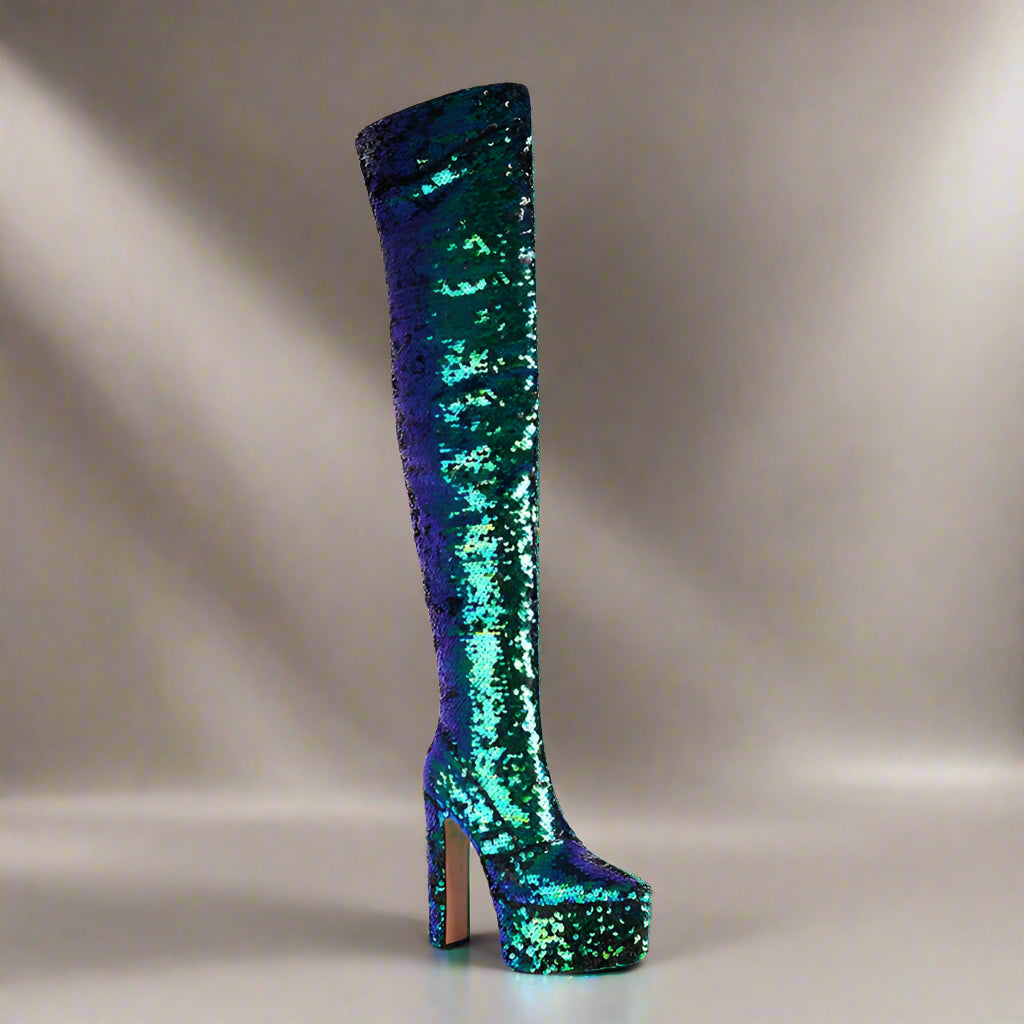 DCDI Shinyei Over The Knee Block Heel Sequined Boots