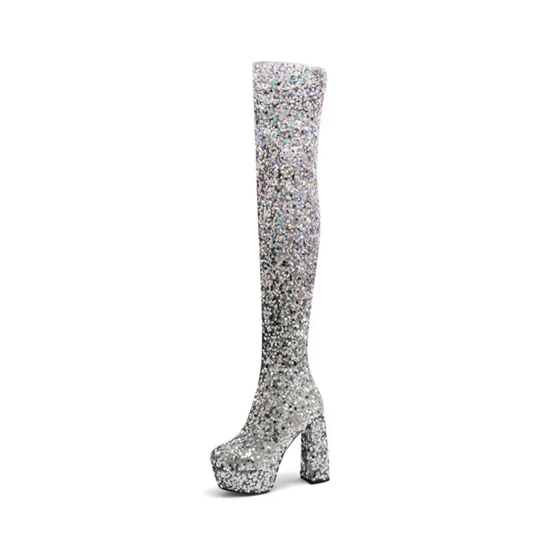 DCDI Pleiades Luxury Sequined Chunky Thigh High Boots