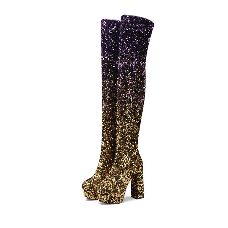DCDI Pleiades Luxury Sequined Chunky Thigh High Boots