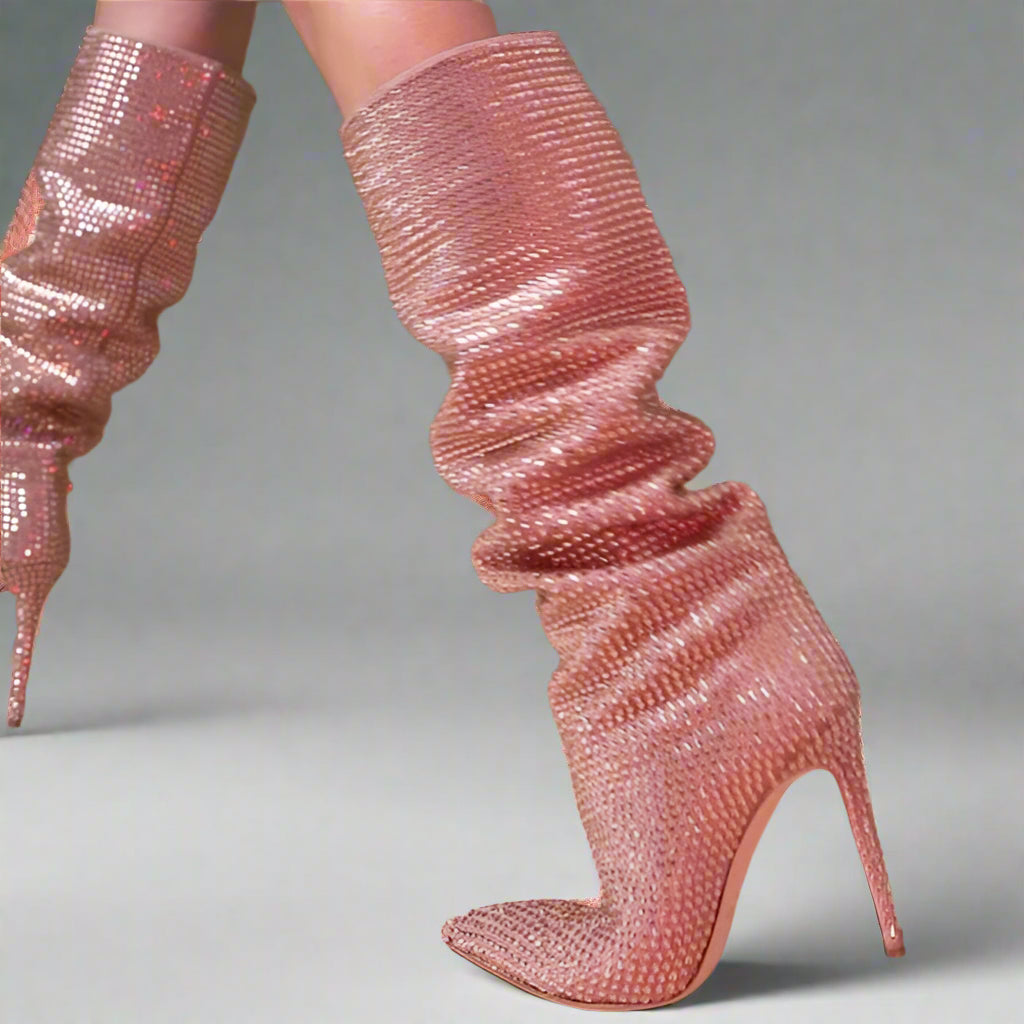 DCDI Crushed Diamonds Studded Knee High Stiletto Boots