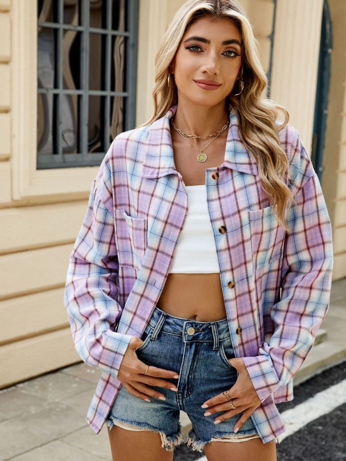 DS Designer 21-12 Plaid Collared Neck Long Sleeve Shirt