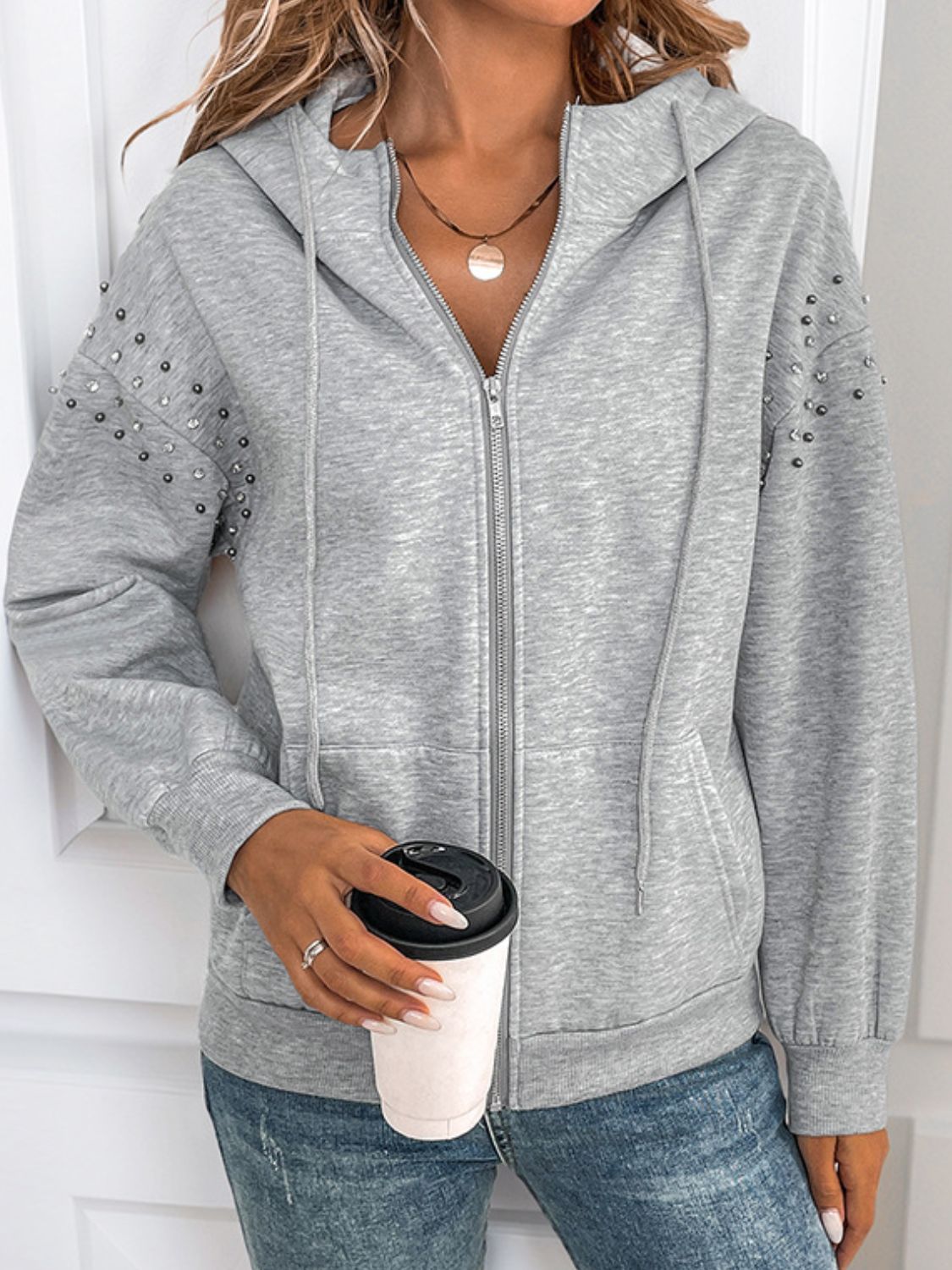 DA Simply Diva Rhinestone Zip Up Long Sleeve Hoodie