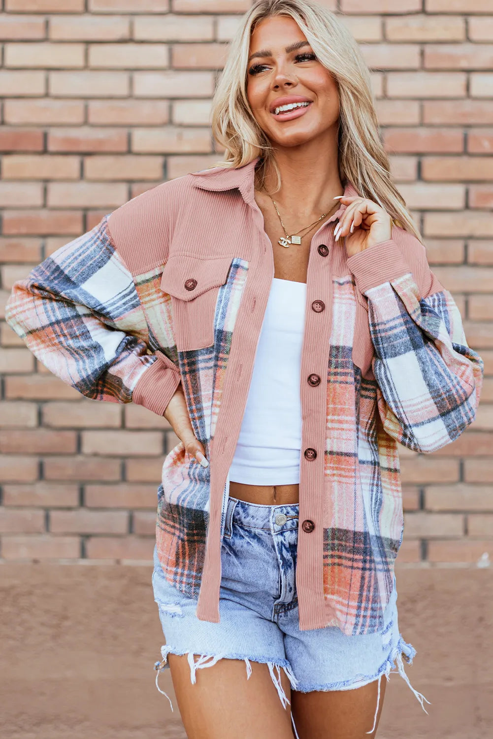 DS Designer 72-81 Plaid Button Up Long Sleeve Shacket