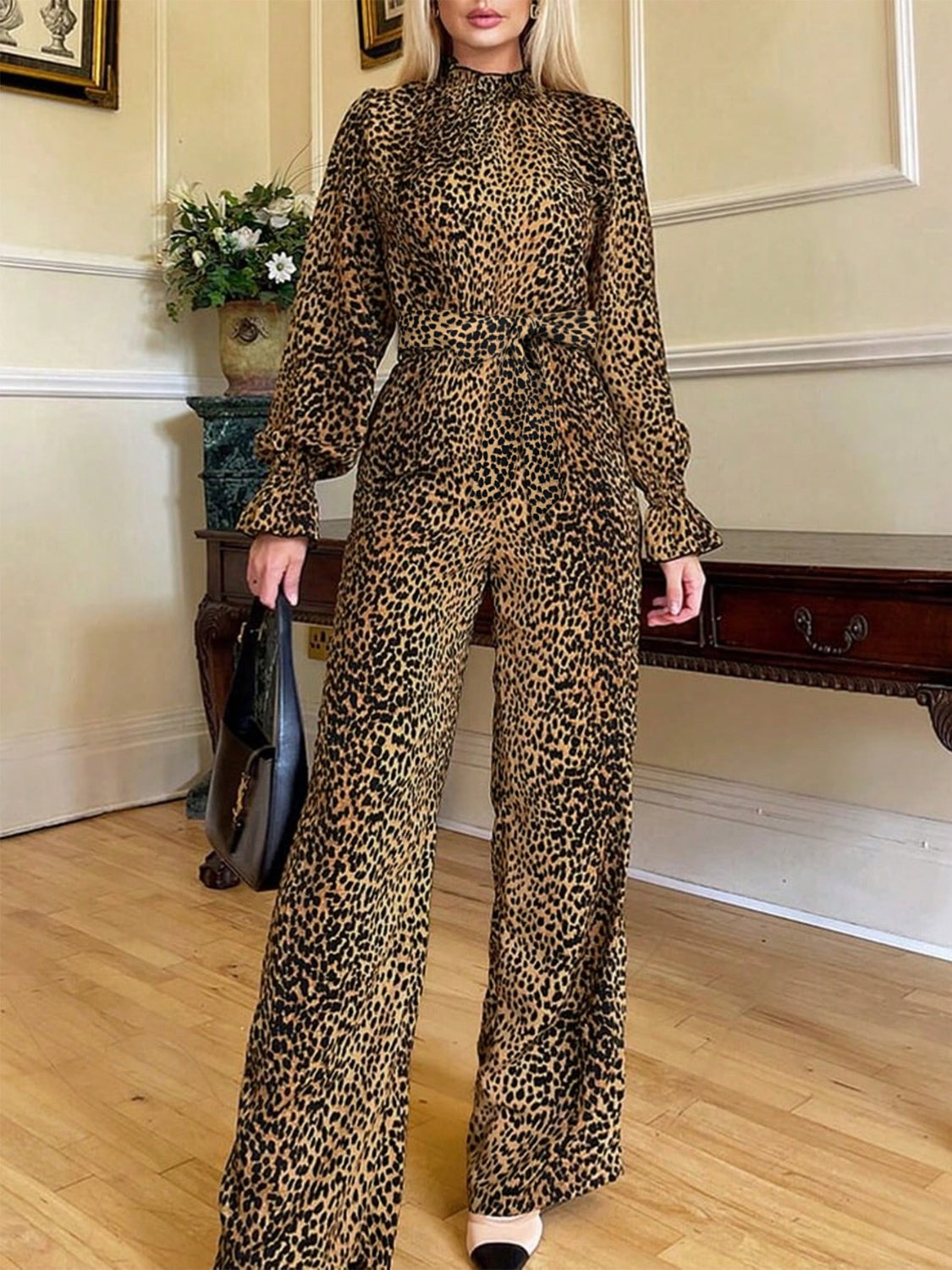 DS Designer 093-45 Leopard Flounce Sleeve Wide Leg Jumpsuit