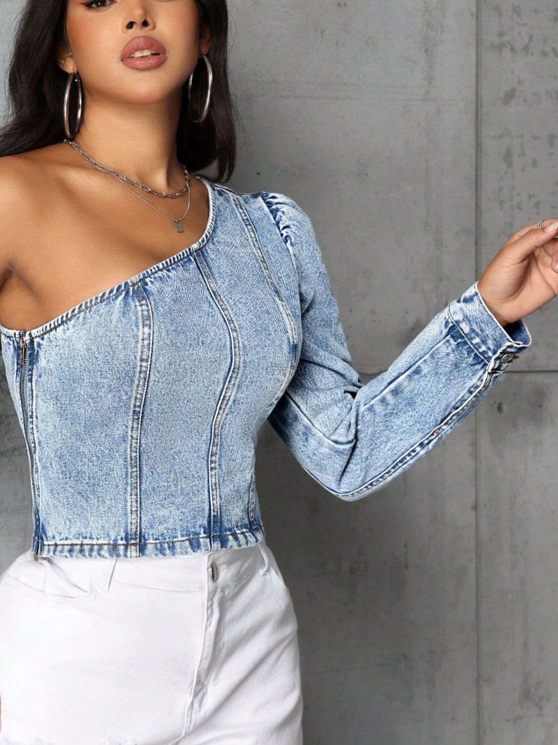 DS Designer 7926 Premium Denim Long Sleeve Cold Shoulder Top