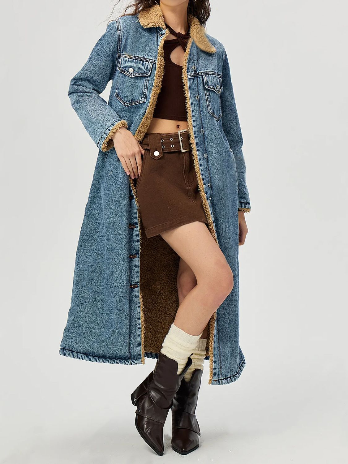 DS Premium Denim Luxury Long Length A6 Denim Jacket with Fur Lining