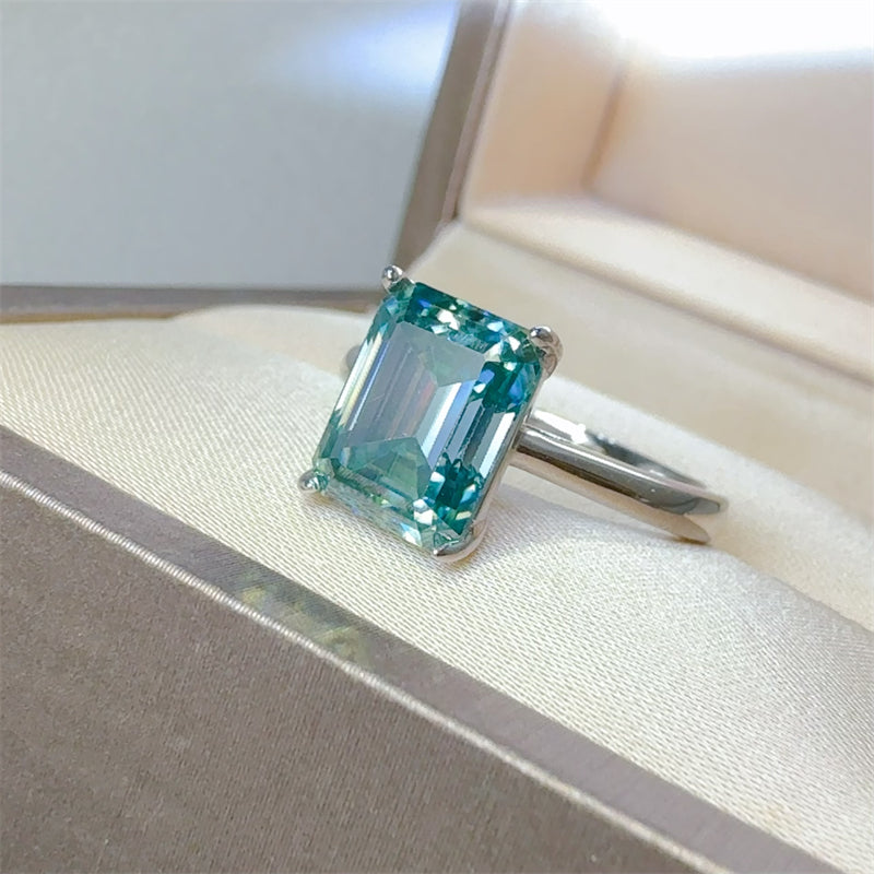 DCDI 2 Carat Aqua Rectangle Shape Moissanite 925 Sterling Silver Ring