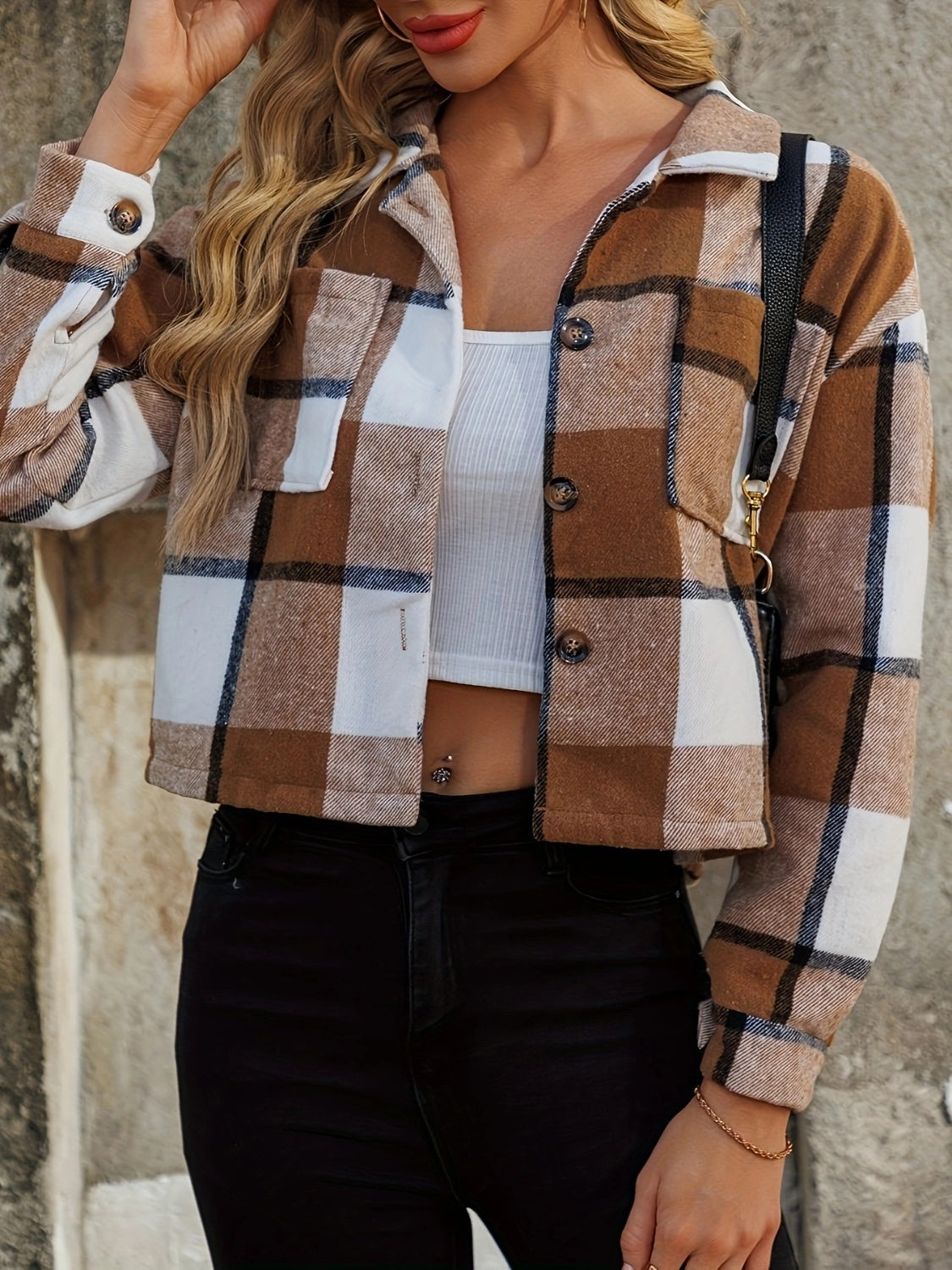 DS Designer 18-881 Plaid Collared Neck Cropped Jacket
