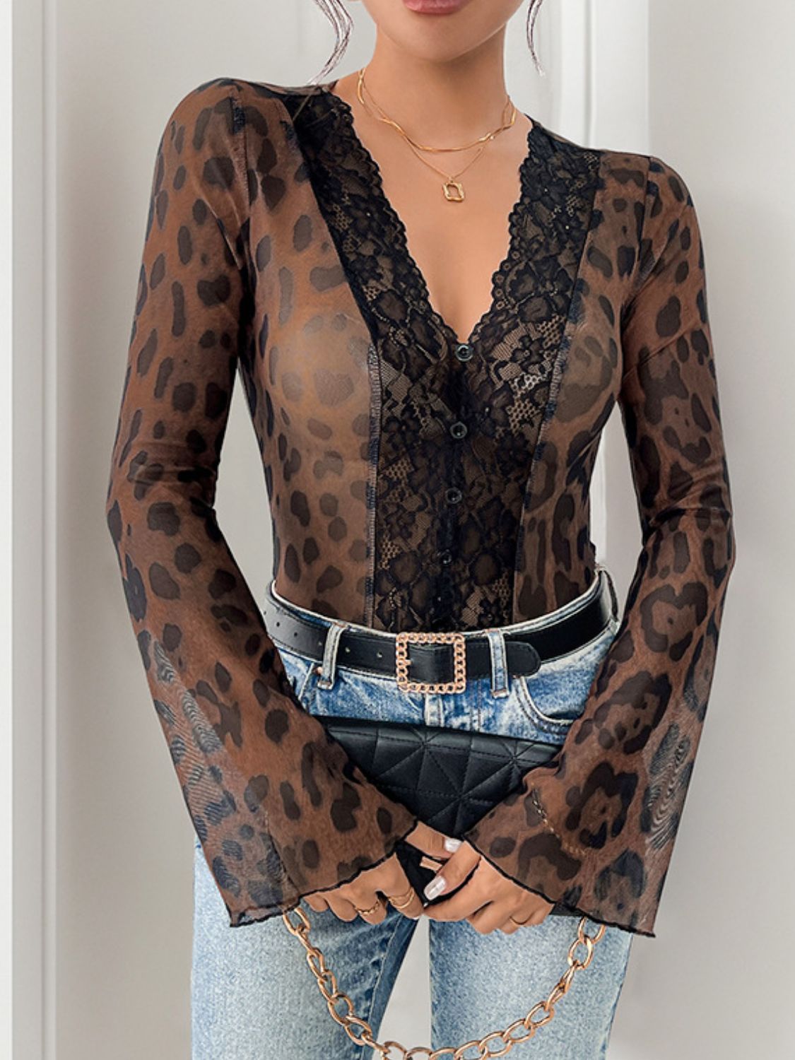 DS Leopard V-Neck Lace Bodysuit