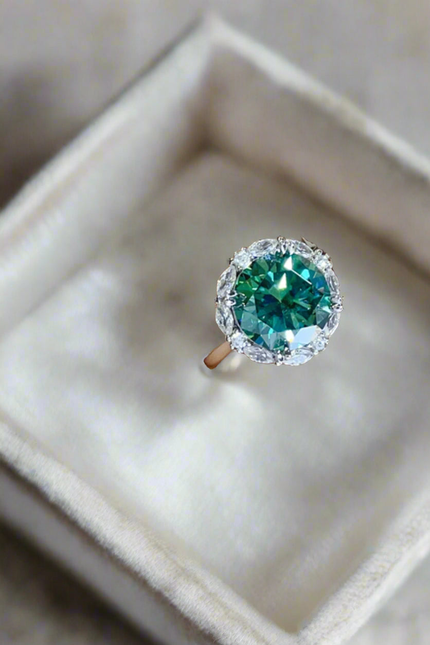 DCDI 5 Carat Emerald Green Round Cut Moissanite 925 Sterling Silver Ring