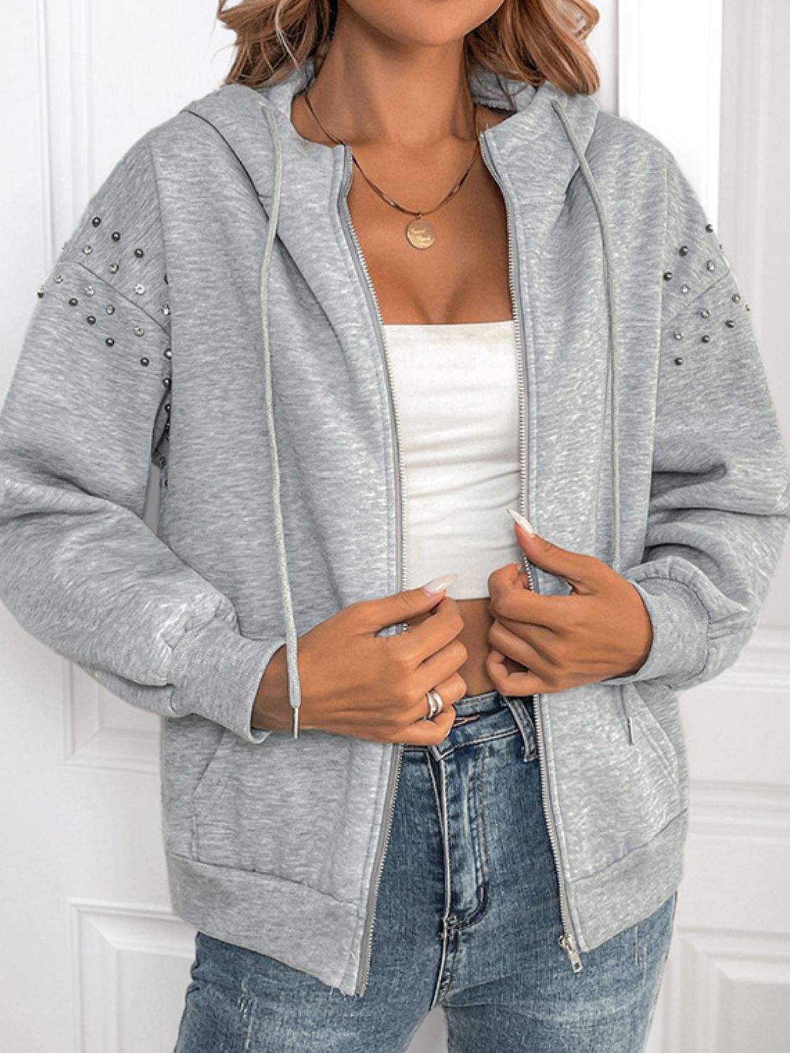 DA Simply Diva Rhinestone Zip Up Long Sleeve Hoodie