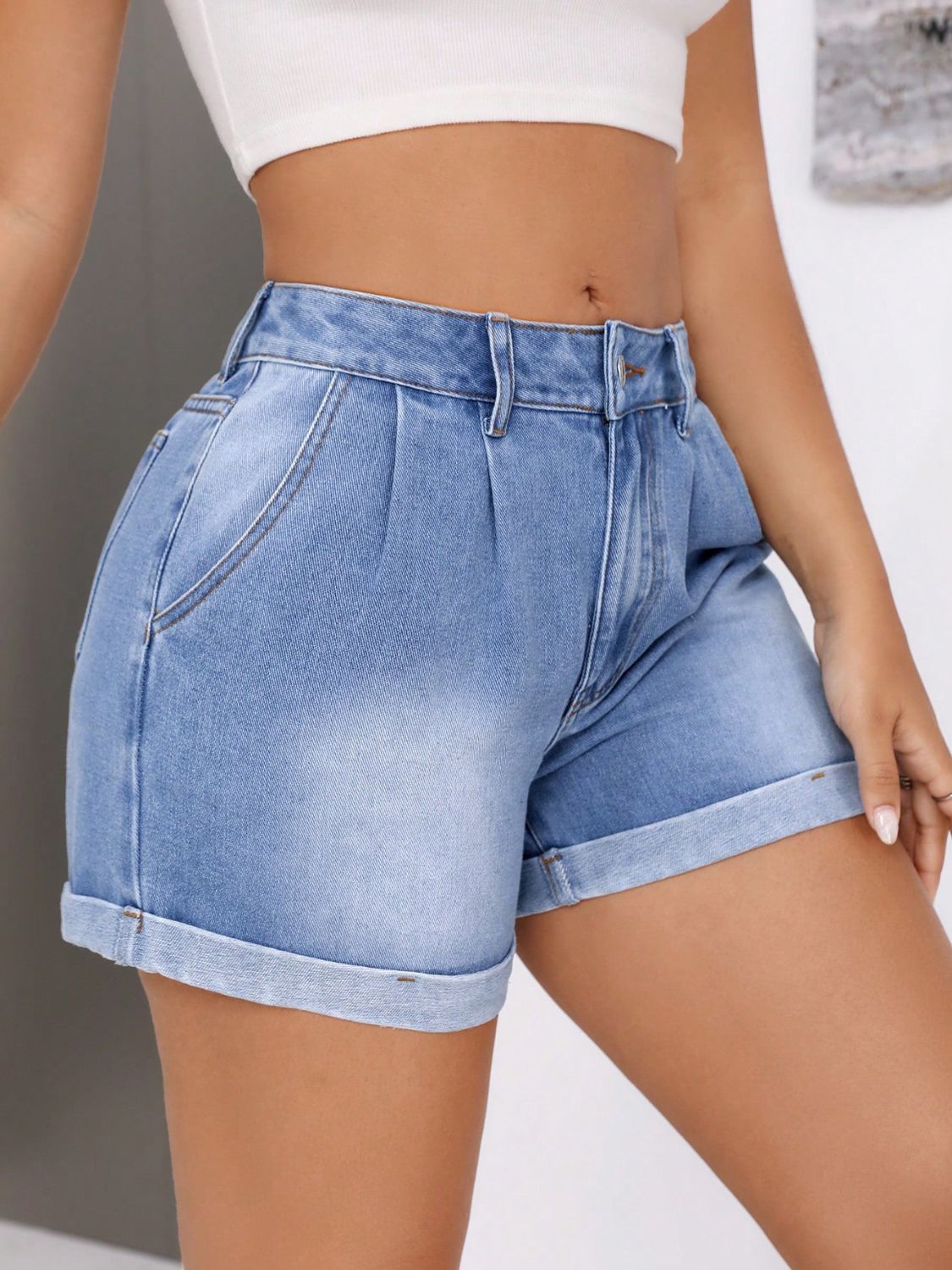 DS Designer 74273 Rolled Hem Mid-Rise Waist Denim Shorts