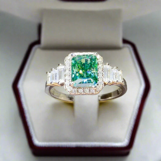 DCDI 2 Carat Green Moss Moissanite 925 Sterling Silver Ring