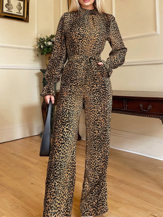 DS Designer 093-45 Leopard Flounce Sleeve Wide Leg Jumpsuit