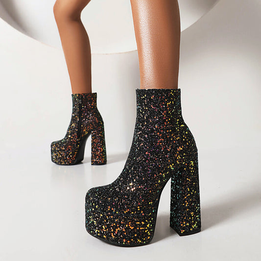 DCDI Sparkling Disco Chunky Hoof Heel Ankle Boots