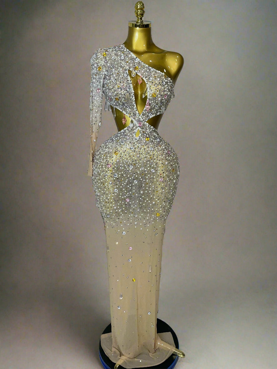 DCDI 4488-8844 Chandelier Diamond Studded Sexy One Shoulder Hollow Out Mesh Evening Gown