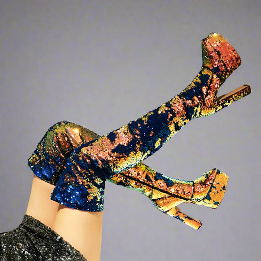 DCDI Shinyei Over The Knee Block Heel Sequined Boots