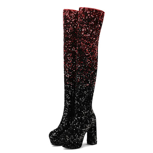 DCDI Pleiades Luxury Sequined Chunky Thigh High Boots