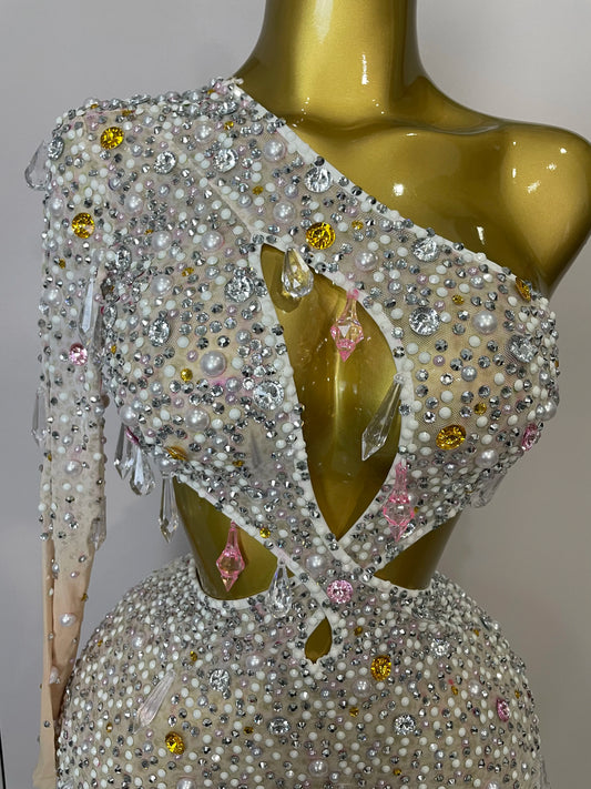 DCDI 4488-8844 Chandelier Diamond Studded Sexy One Shoulder Hollow Out Mesh Evening Gown