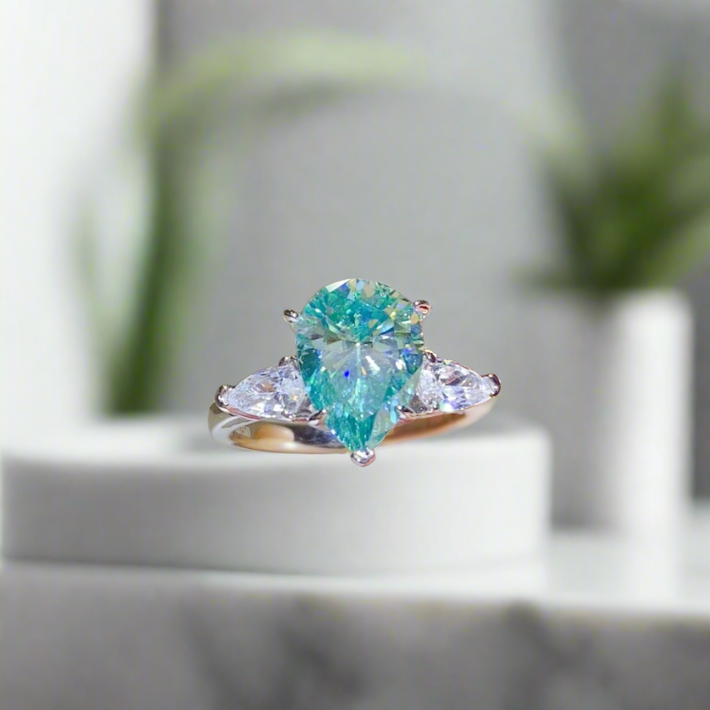 DCDI Water Lily -2 Carat Turquoise Teardrop Moissanite Ring
