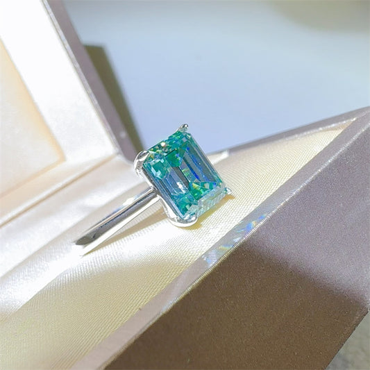 DCDI 2 Carat Aqua Rectangle Shape Moissanite 925 Sterling Silver Ring